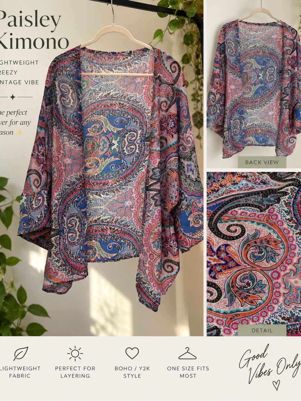 Lightweight Paisley Kimono Tunic - Blue Pink Paisley
